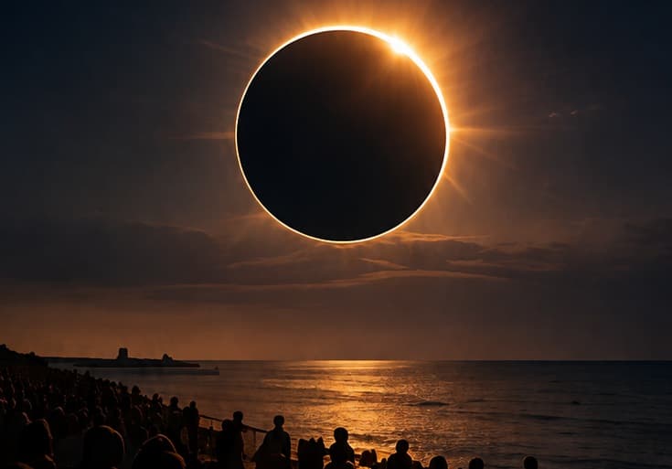 Éclipse solaire totale au-dessus de l’horizon marin, observée par une foule